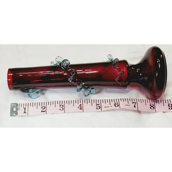 Vintage Cranberry Victorian Art Glass  Vase With Light Blue Applied Rigaree - Picture 9 of 10